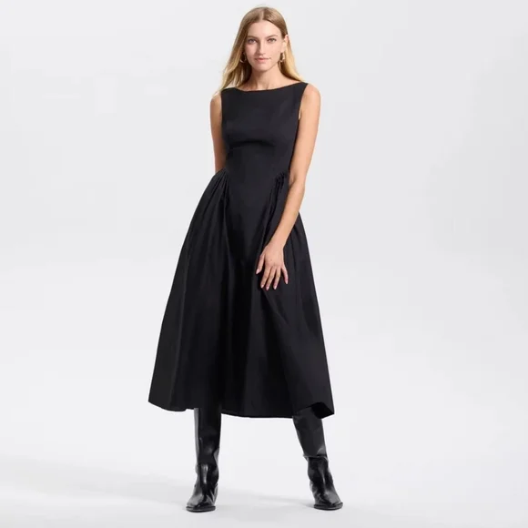NWT Black Cap Sleeve Gathered Waist Midi Dress Size XXL - Picture 1 of 3